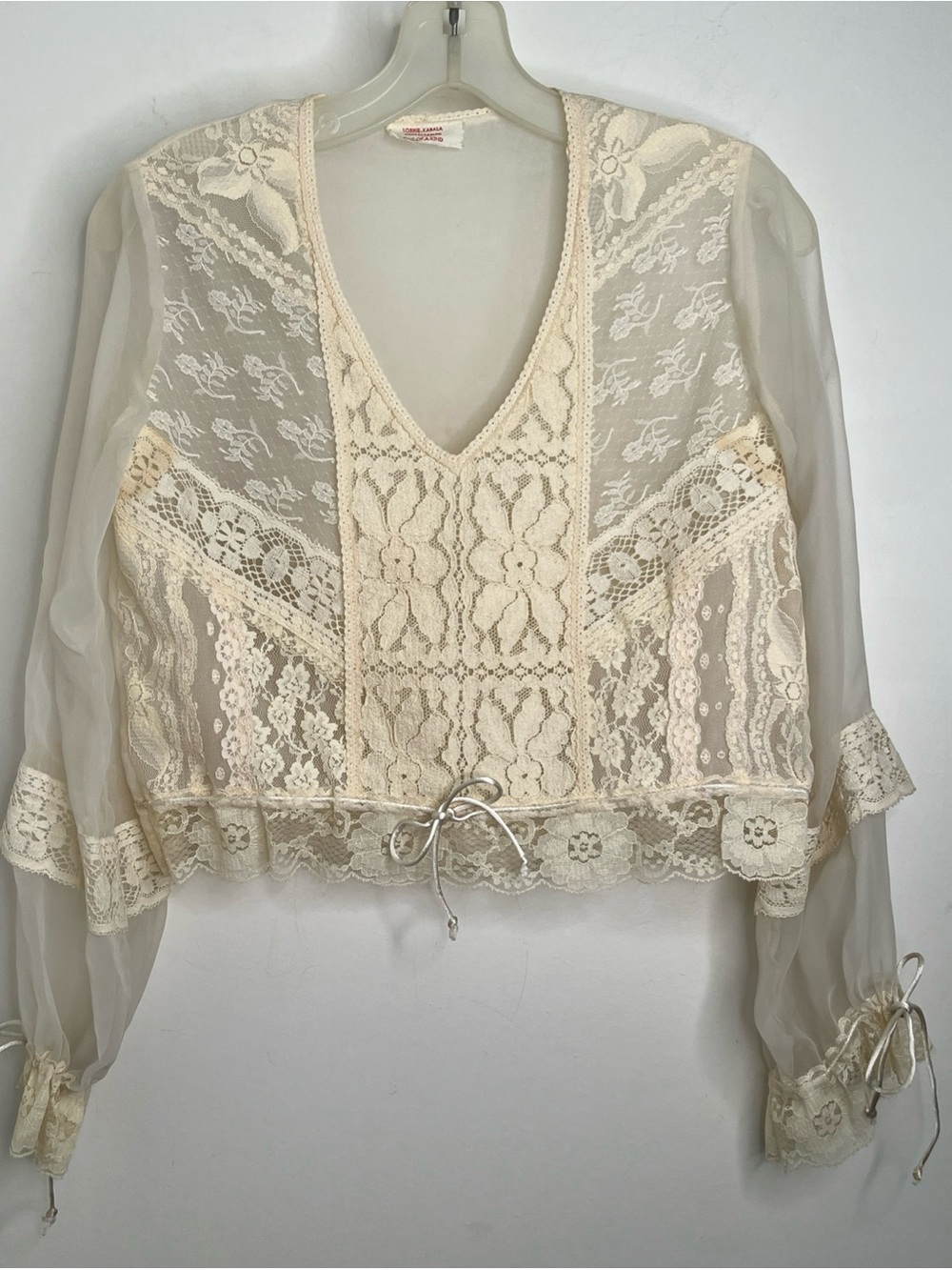 Vtg Lorrie Kabala Sheer Lace Cottagecore Floral Blouse Top S Ties @ waist&wrists